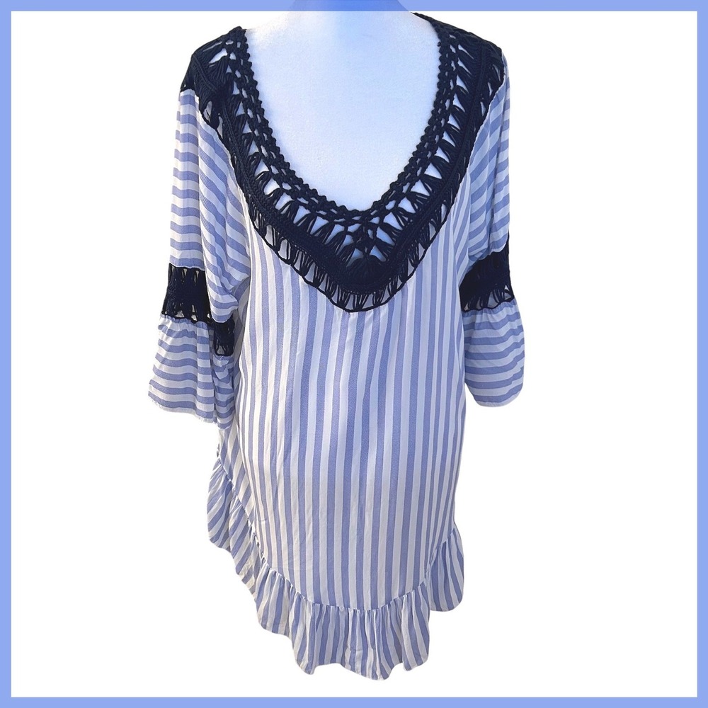 India Boutique Crochet Trim Blue White Striped Bell Sleeve‎ Casual Tunic